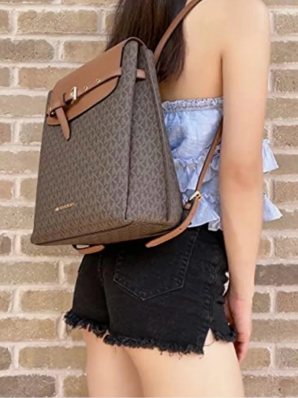 Michael Kors Brown Logo Convertible Backpack Tote with Tan Flap
